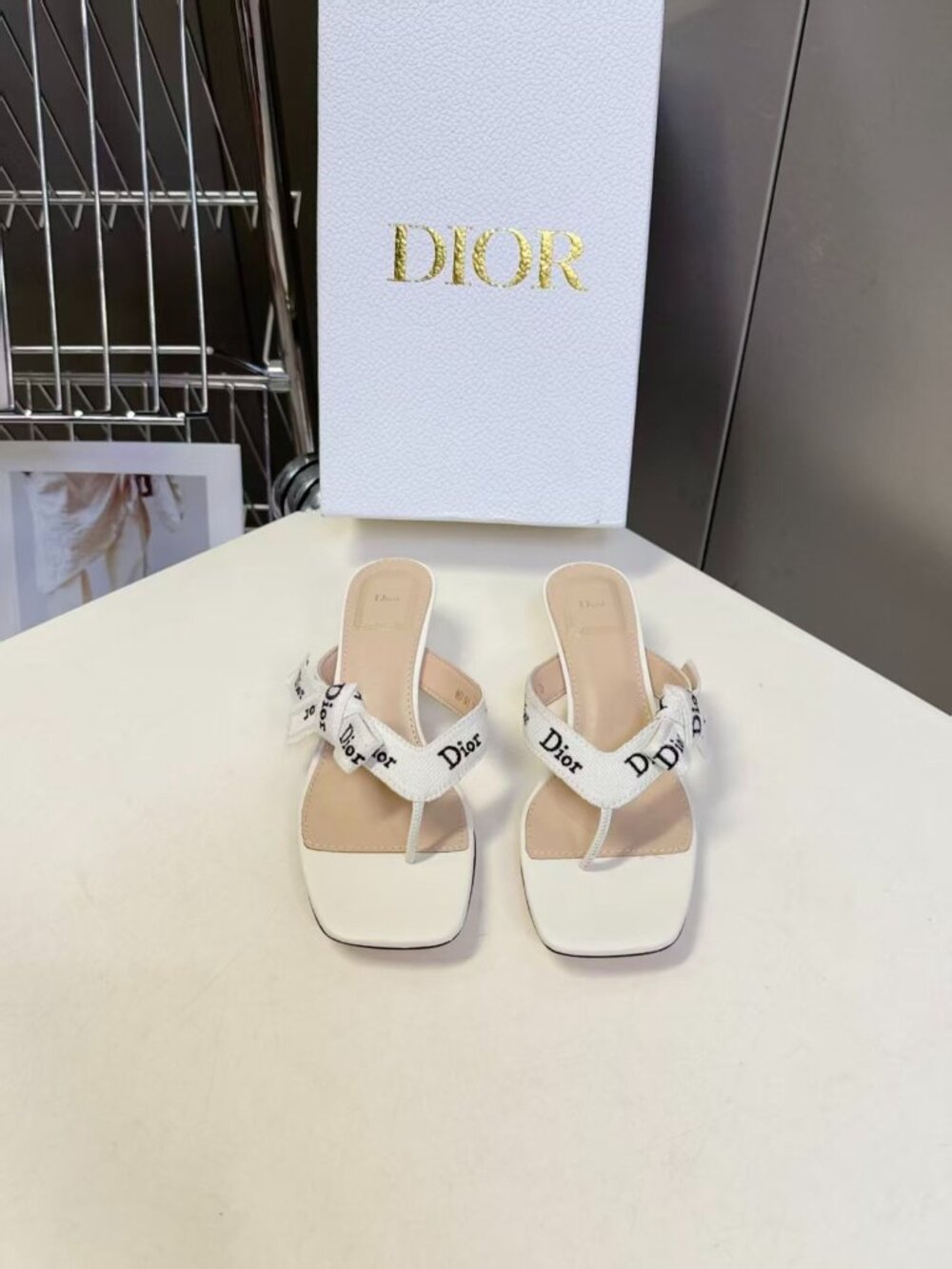 Dior White Logo Ribbon Bow Square Toe Thong Slide Heel Mules